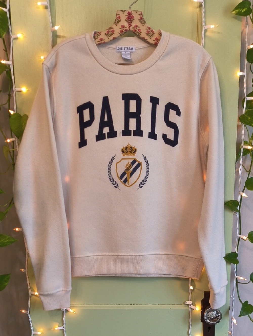Women's Love Streak Paris Cream Navy Crew Eck Sweatshirt S